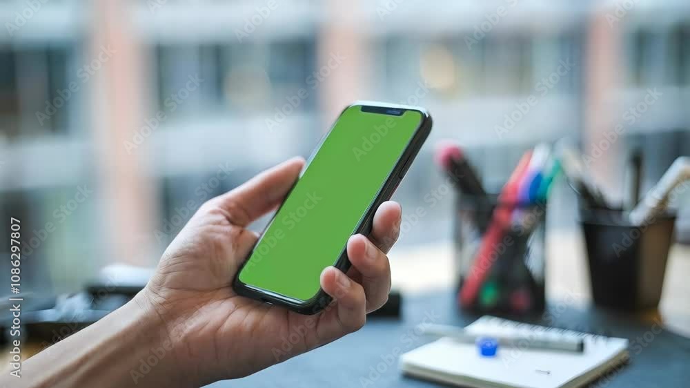 A hand holding a smartphone with a green screen, placed on a desk with stationery items. A hand holding a smartphone with a green screen, placed on a desk with stationery items.