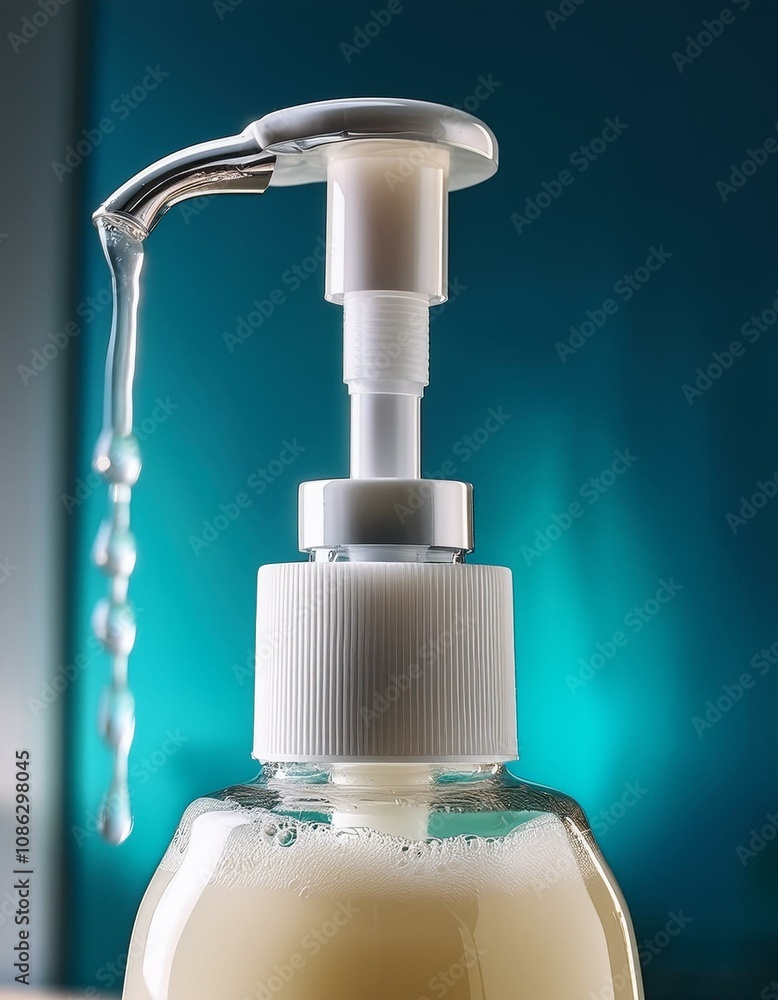 Close-up of a pump bottle dispensing a creamy liquid against a teal backdrop. Close-up of a pump bottle dispensing a creamy liquid against a teal backdrop.