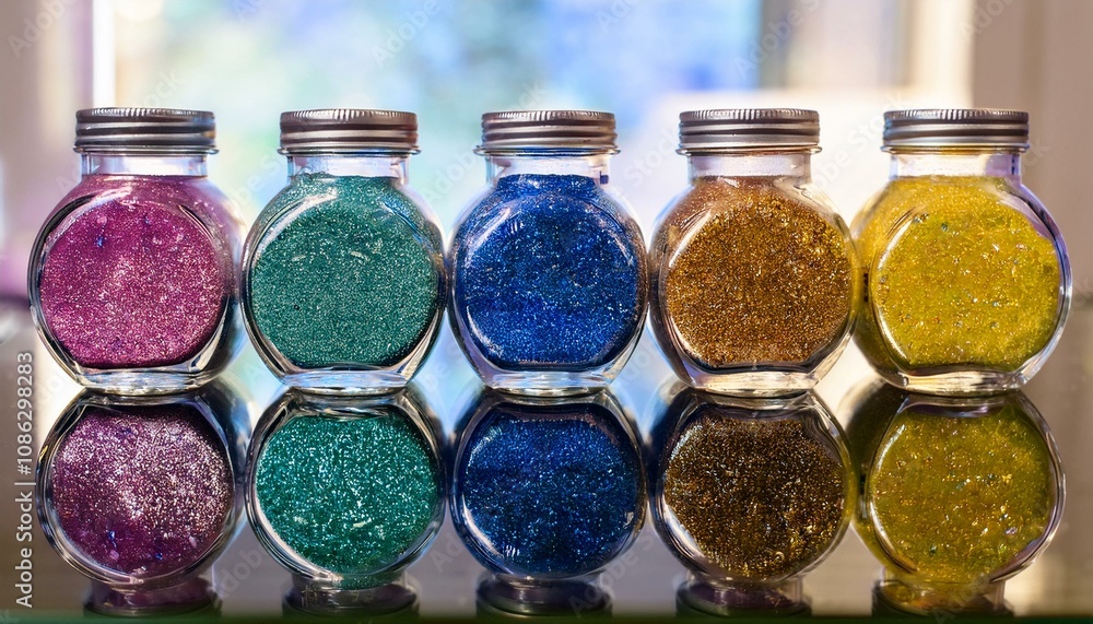 Six glass jars filled with colorful glitter, reflecting on a shiny surface. Six glass jars filled with colorful glitter, reflecting on a shiny surface.