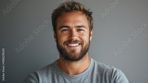 Happy man smiling, portrait, grey background.