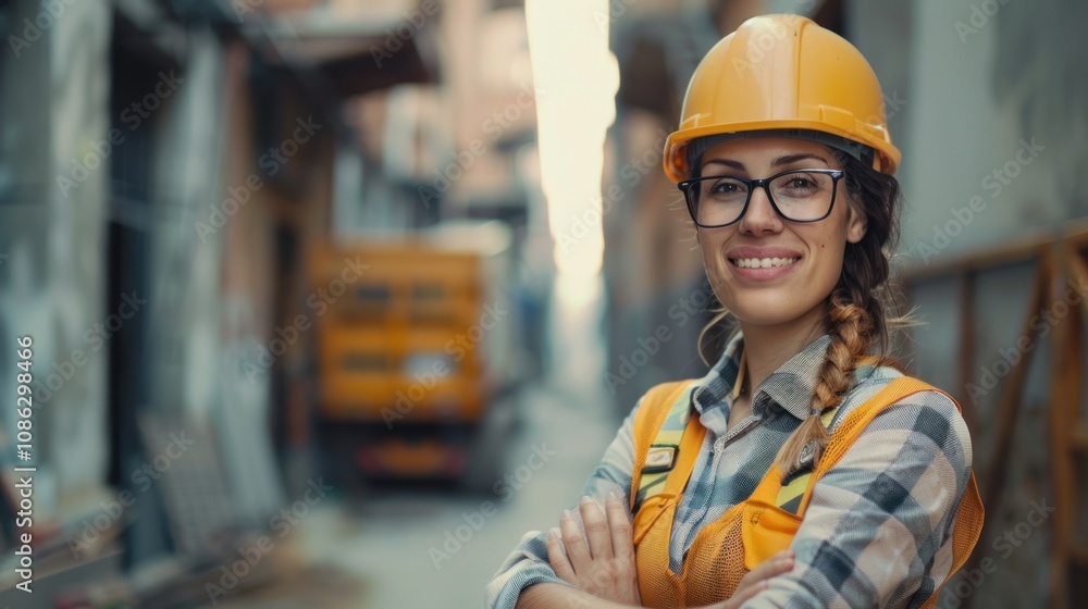 Portrait of smiling female construction worker at blurred builder project site, AI generated image Portrait of smiling female construction worker at blurred builder project site, AI generated image