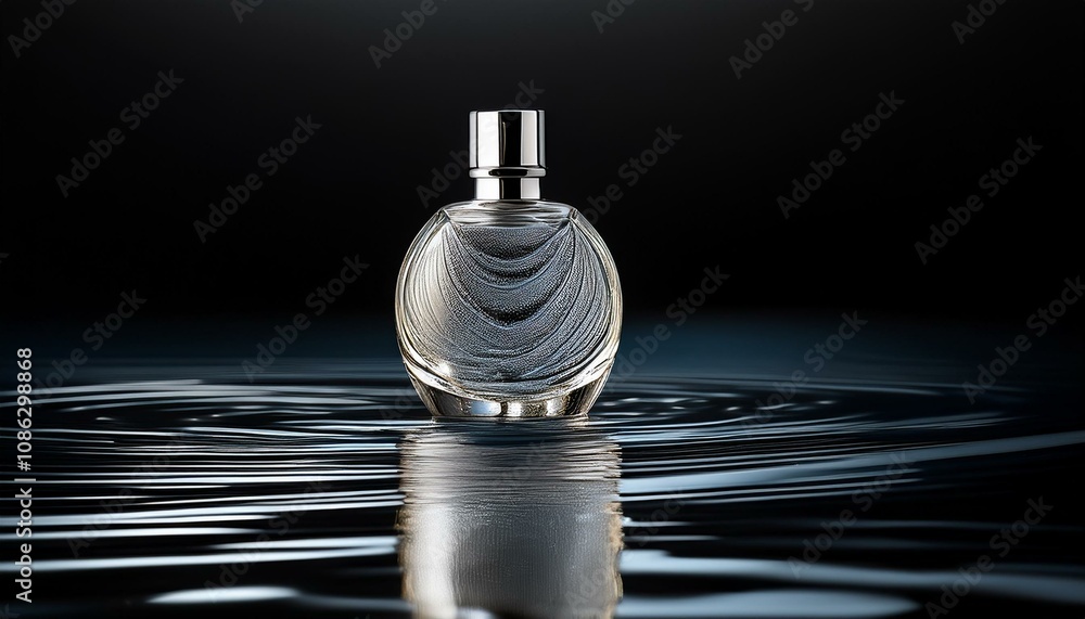 Elegant perfume bottle reflecting in still water. Sophisticated and luxurious. Elegant perfume bottle reflecting in still water. Sophisticated and luxurious.