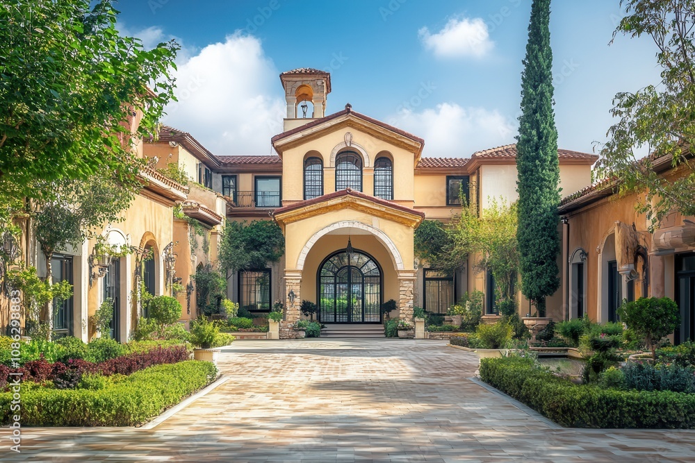 Fototapeta premium A beautiful Italian-style villa with a paved driveway leading to the front door.