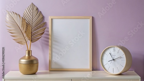 Minimalist decor with a picture frame, a clock, and a vase.