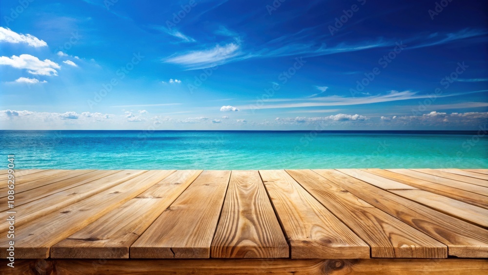 Fototapeta premium Empty wooden plank table overlooking beautiful blue ocean view, ocean, sea, view, wood, plank, table, empty, serene, tranquil