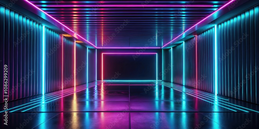 Dynamic neon lines glowing in dark room with floor reflection , render, abstract, panoramic, looped, virtual Dynamic neon lines glowing in dark room with floor reflection , render, abstract, panoramic, looped, virtual