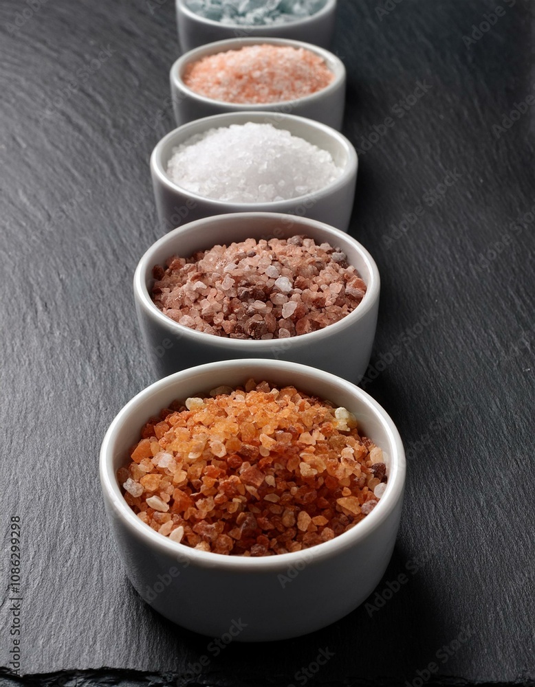 Assortment of gourmet salts in small bowls. A variety of colors and textures. Assortment of gourmet salts in small bowls. A variety of colors and textures.