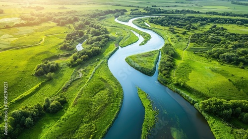 Aerial view of a meandering river through lush green countryside