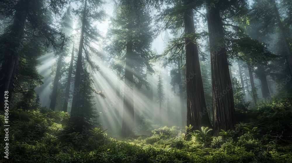 Obraz premium Serene Forest with Sunlight Filtering Through Trees