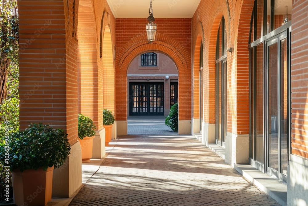A brick walkway with arches leading to a courtyard. A brick walkway with arches leading to a courtyard.
