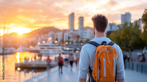 Sunset stroll coastal city lifestyle urban environment scenic view exploration photo