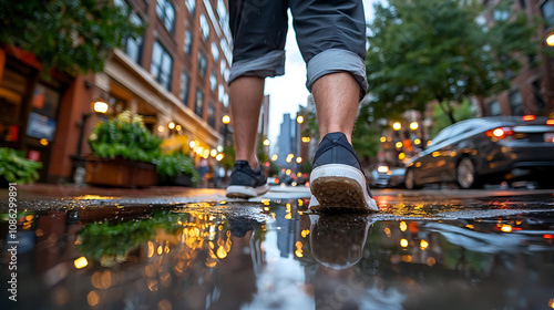 Walking in the rain city streets lifestyle photography urban environment ground level view reflective mood photo