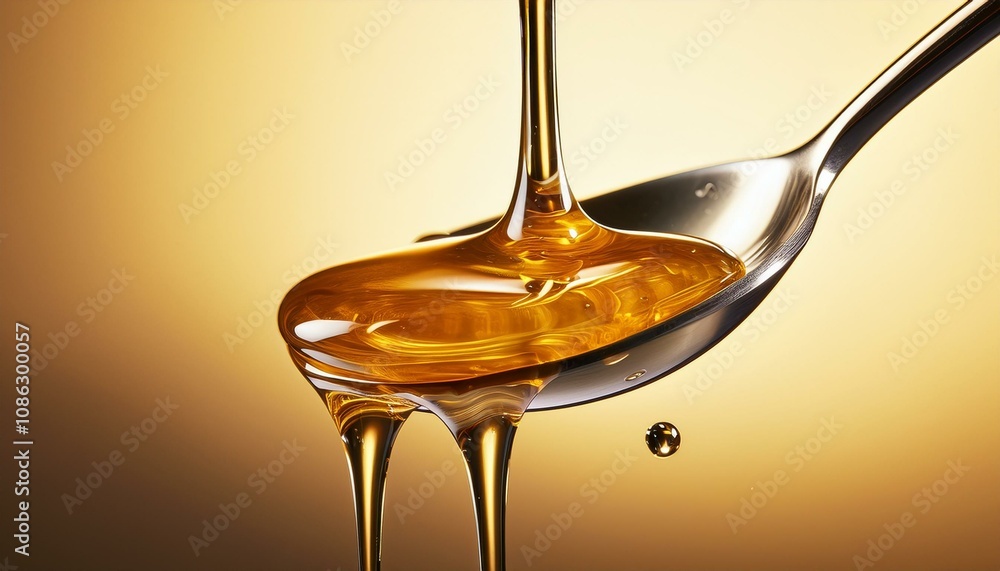 Golden honey flows from a spoon, a sweet treat. Golden honey flows from a spoon, a sweet treat.