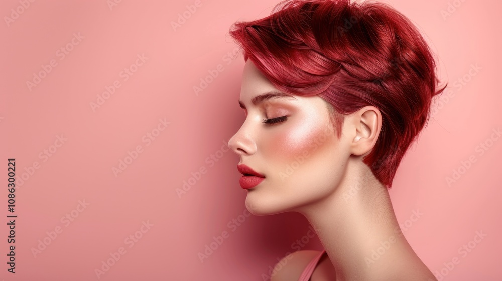 Beauty model girl with short shiny red hair posing against pink background, AI generated image Beauty model girl with short shiny red hair posing against pink background, AI generated image