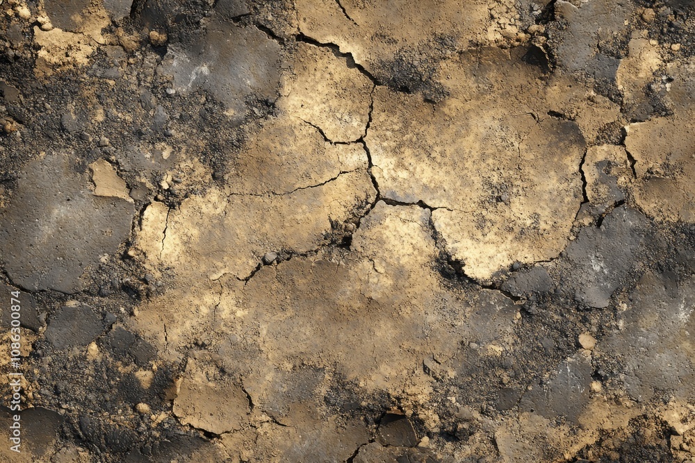 Close-up of cracked, dry, brown soil with subtle gray and yellow tones. Close-up of cracked, dry, brown soil with subtle gray and yellow tones.