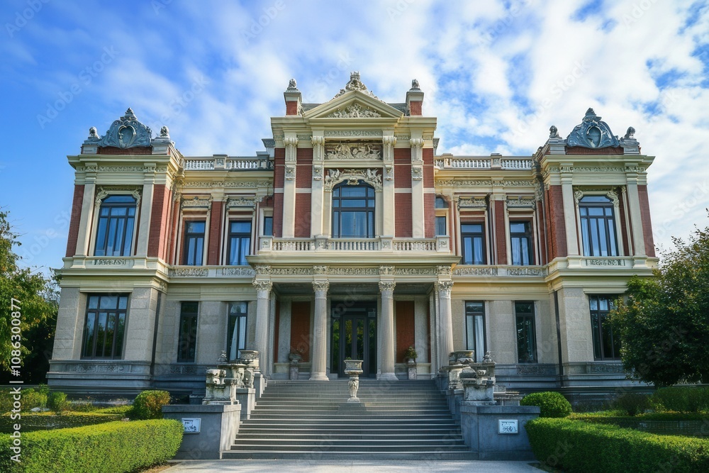 Obraz premium A grand, historic mansion with a symmetrical facade and a grand staircase.