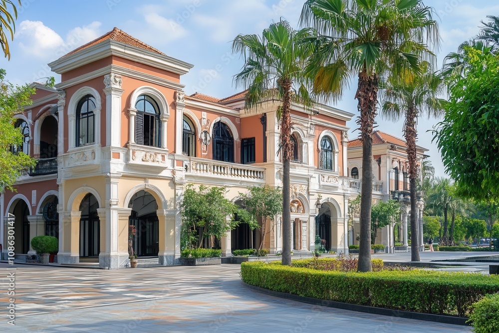 A grand, Mediterranean-style mansion with a manicured lawn, palm trees, and arched entrances. A grand, Mediterranean-style mansion with a manicured lawn, palm trees, and arched entrances.