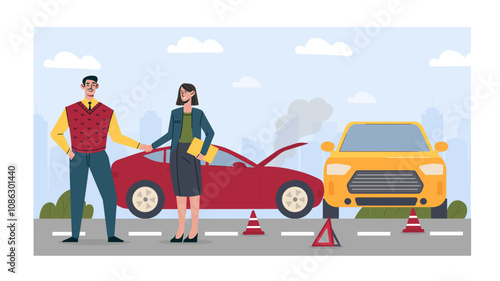 Car accident at road. Man and woman stand near red and yellow cars. Broken automobile and transport at road and highway. Flat vector illustration isolated on white background