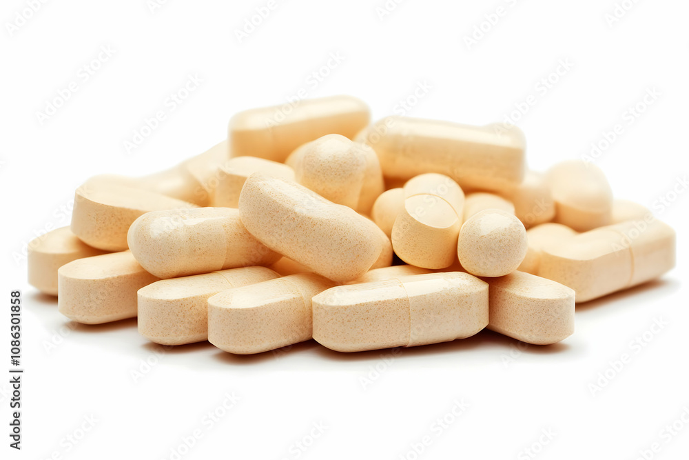 Photo - Pile of Beige Supplement Capsules on White Photo - Pile of Beige Supplement Capsules on White