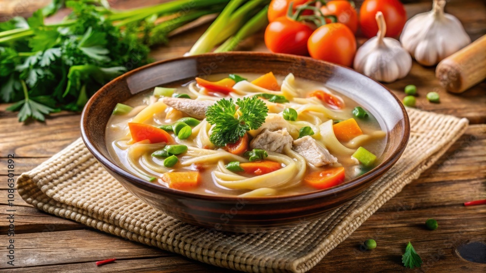 Hot chicken soup with noodles and assorted vegetables , hot, chicken soup, noodles, vegetables, comforting, warm, nutritious Hot chicken soup with noodles and assorted vegetables , hot, chicken soup, noodles, vegetables, comforting, warm, nutritious
