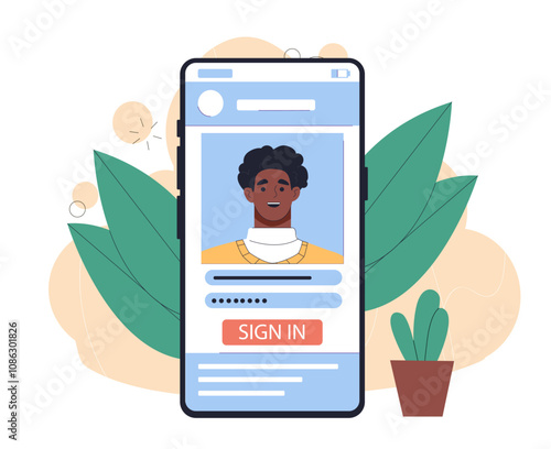 Man with account registration. Young guy enters his username and password on smartphone screen. Profile on social, networks on website. Flat vector illustration isolated on white background