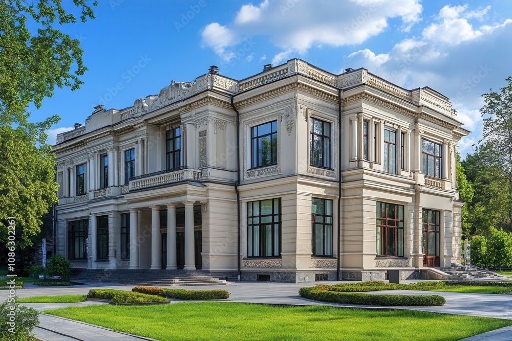 A grand, white mansion with a manicured lawn, a path leading up to the entrance, and lush green trees in the background. A grand, white mansion with a manicured lawn, a path leading up to the entrance, and lush green trees in the background.