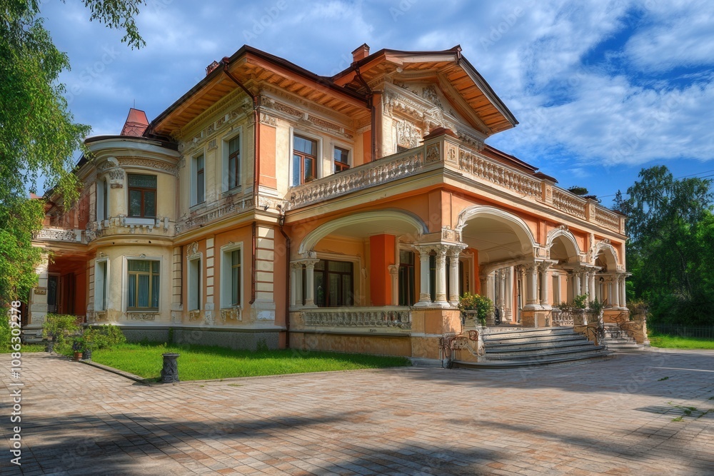 A grand, two-story mansion with a large porch, stone steps and a paved driveway in front. A grand, two-story mansion with a large porch, stone steps and a paved driveway in front.