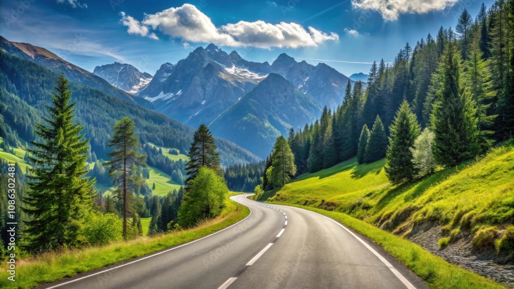 Asphalt road winding through the picturesque Austrian Alps on a sunny summer day, Austria, Alps, road trip, picturesque Asphalt road winding through the picturesque Austrian Alps on a sunny summer day, Austria, Alps, road trip, picturesque