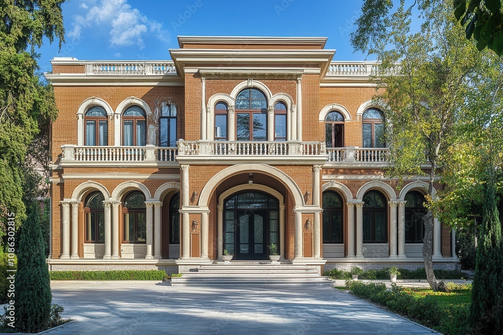Fototapeta premium A large, luxurious brick home with a large front door and a balcony.