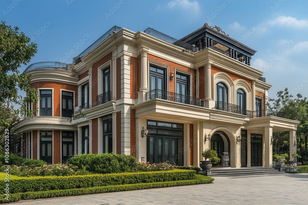 A large, luxurious, brick house with white trim and black windows. A large, luxurious, brick house with white trim and black windows.