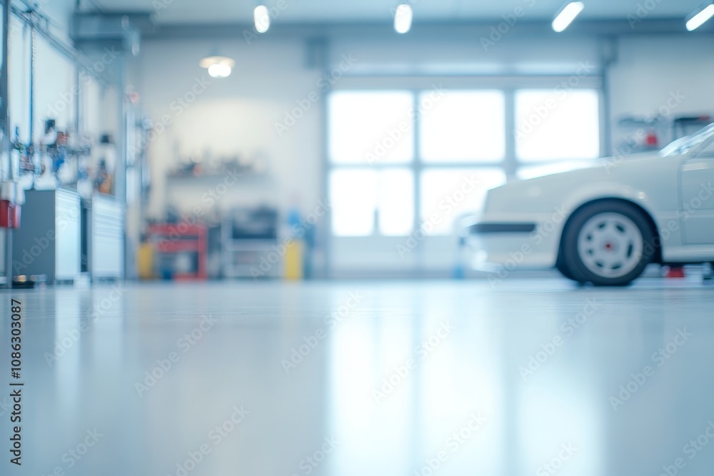 Fototapeta premium Blurred view of a white car in a garage with tools and equipment in the background.