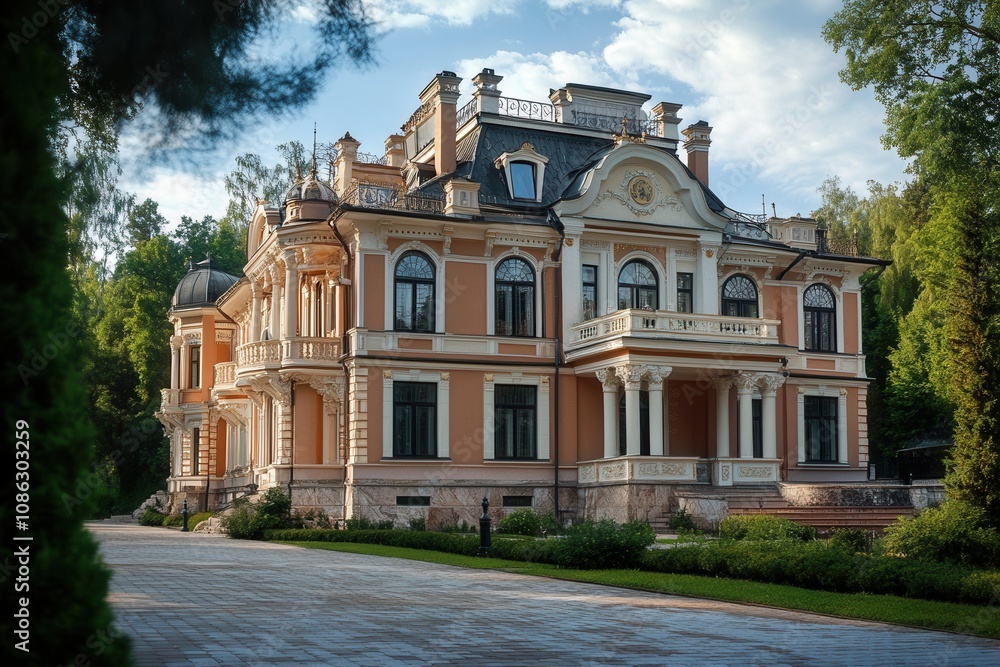 A large, ornate mansion with a driveway and lush landscaping. A large, ornate mansion with a driveway and lush landscaping.