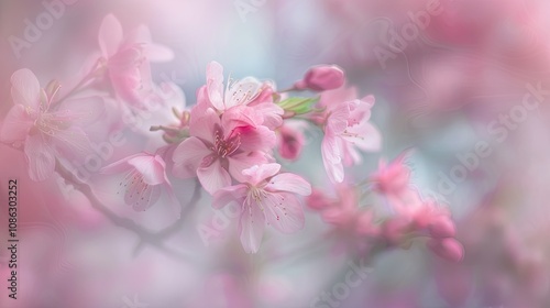 Soft focus cherry blossoms in pastel hues, evoking a serene spring atmosphere