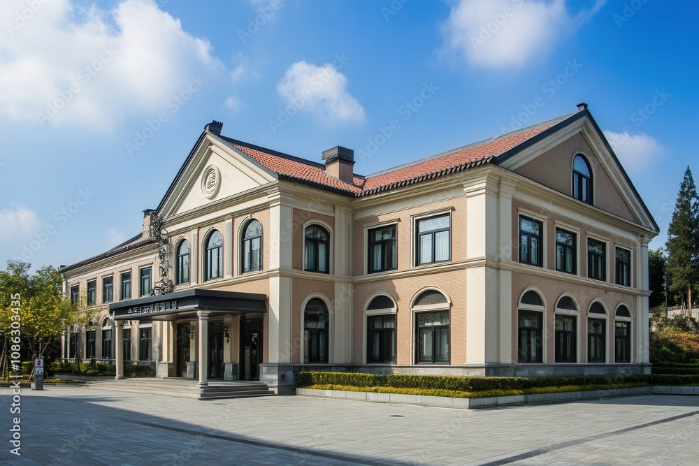A large, stately building with a classical facade and a symmetrical design. A large, stately building with a classical facade and a symmetrical design.