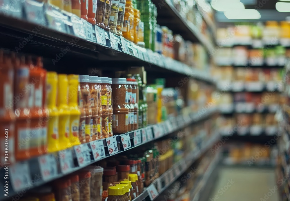 A well-stocked supermarket aisle with rows of jars and bottles on shelves. A well-stocked supermarket aisle with rows of jars and bottles on shelves.
