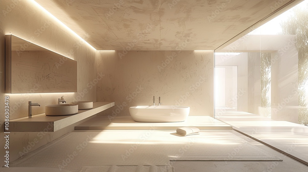 3D minimalist bathroom with clean lines and floating fixtures 3D minimalist bathroom with clean lines and floating fixtures