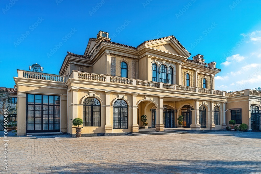 A large, two-story, luxury mansion with a grand entrance, multiple balconies, and a paved driveway.