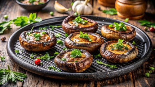 Close up view of grilled portobello mushrooms with herbs and garlic on a grill plate, grilled, portobello, mushrooms