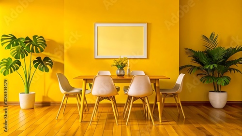 Modern Dining Room with Yellow Walls and Wooden Floor.