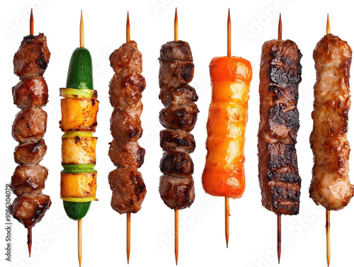 Delicious skewers of grilled meats and vegetables. transparent background photo