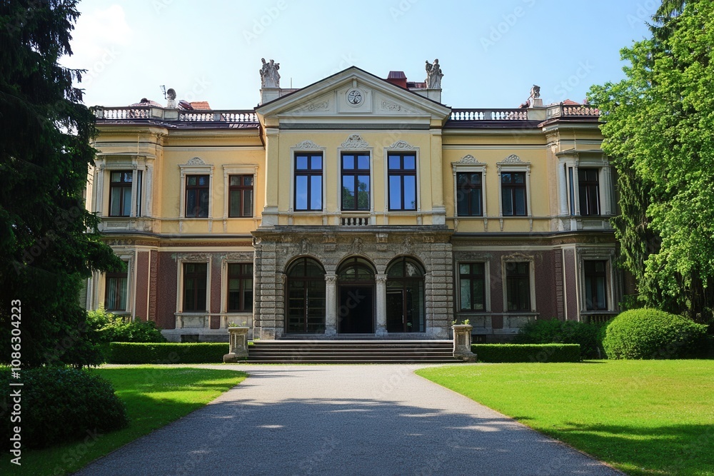 A large yellow mansion with a long driveway, surrounded by green lawn and trees. A large yellow mansion with a long driveway, surrounded by green lawn and trees.