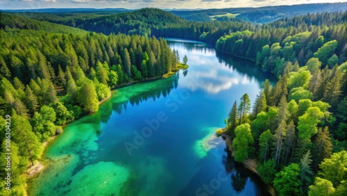 Aerial view of a crystal-clear lake surrounded by dense green trees in a serene natural setting , drone, lake, trees, nature