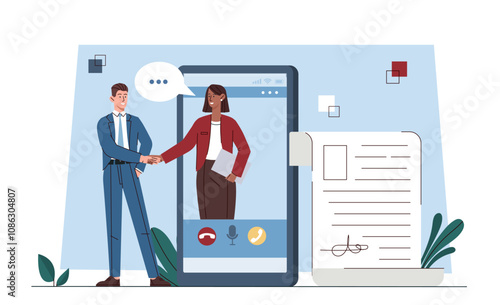 People signing contract. Man and woman shaking hands on smartphone screen. Businessman and businesswoman shaking hands. Business agreement. Flat vector illustration isolated on white background