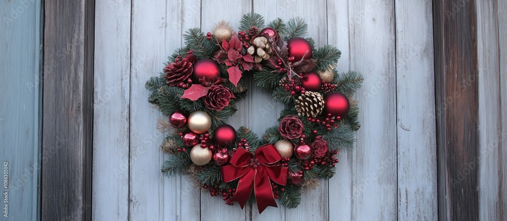 A Christmas wreath with red and gold ornaments, pine cones, and a red velvet bow, hanging on a white wooden door. A Christmas wreath with red and gold ornaments, pine cones, and a red velvet bow, hanging on a white wooden door.