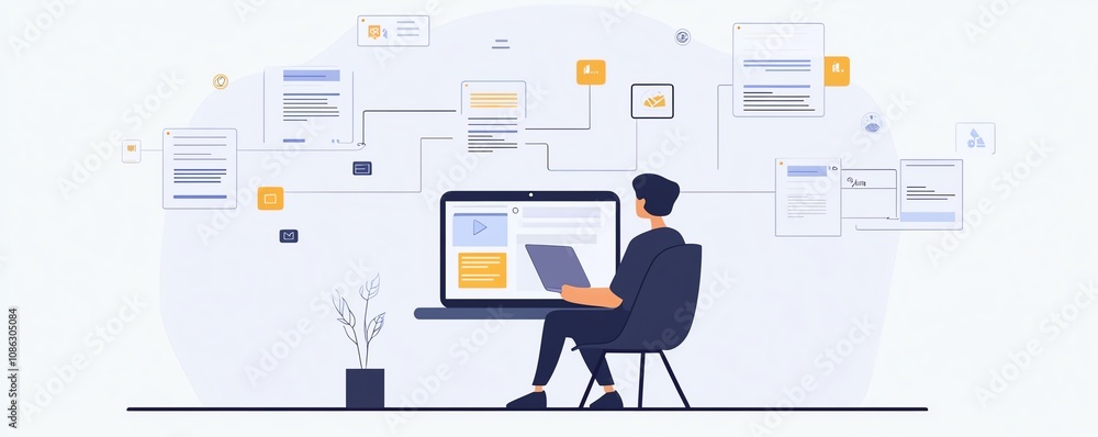 Person using a laptop to access an online document management system, with digital documents and floating icons around them, generative AI theme Person using a laptop to access an online document management system, with digital documents and floating icons around them, generative AI theme