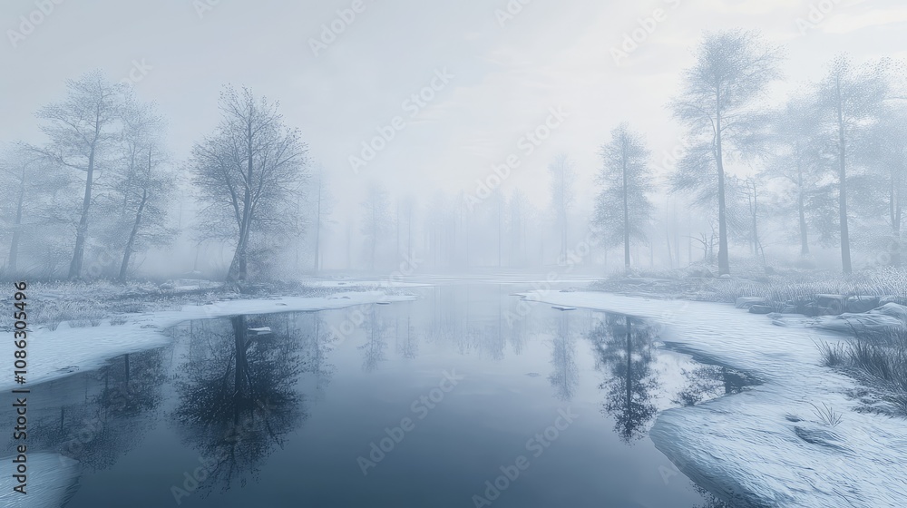 Foggy morning over a frozen lake, with subtle reflections of snowy trees and an eerie, quiet atmosphere Foggy morning over a frozen lake, with subtle reflections of snowy trees and an eerie, quiet atmosphere