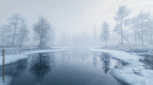 Foggy morning over a frozen lake, with subtle reflections of snowy trees and an eerie, quiet atmosphere