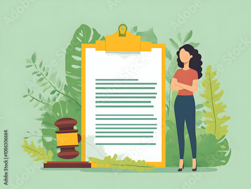 Illustration of Legal Document, Gavel, and Woman photo