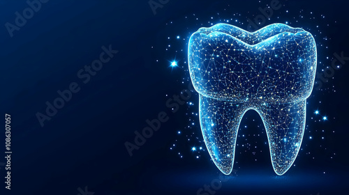 Abstract Illustration - Glowing Polygonal Tooth on Blue Background