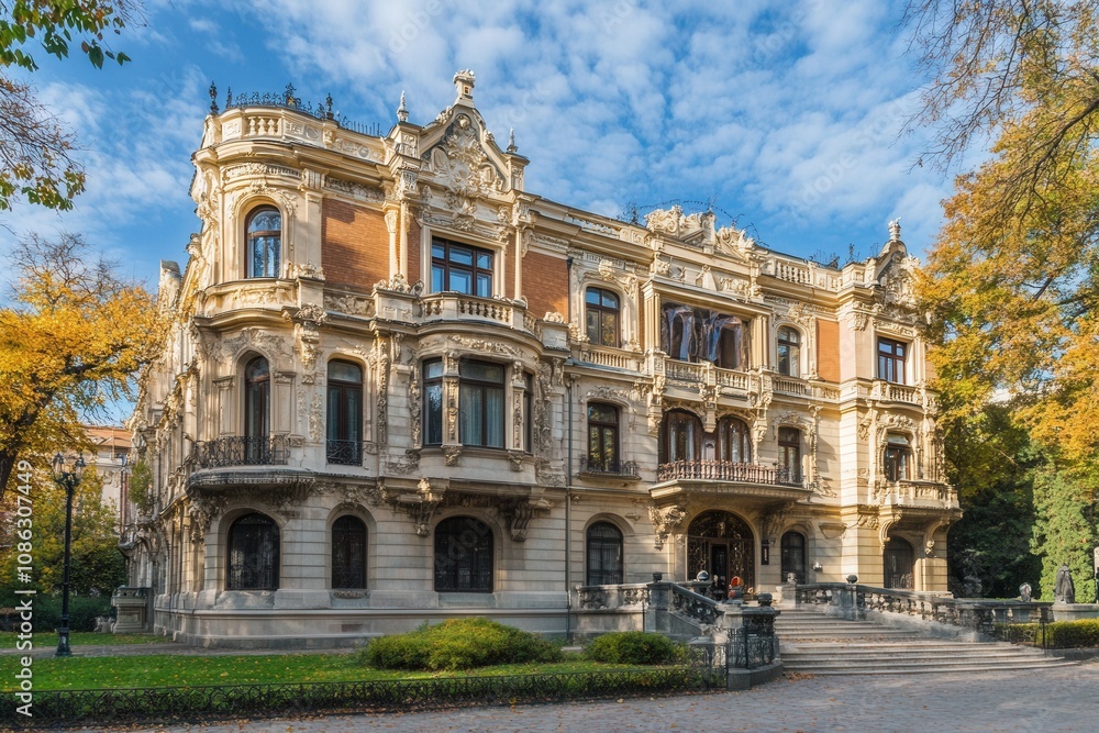 Obraz premium An elegant, historic mansion with a grand entrance, surrounded by trees and a manicured lawn.